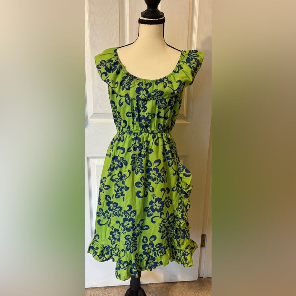 Royal Creations Hawaiian Dress Women's Size 14 VINTAGE Green & Blue Ruffles